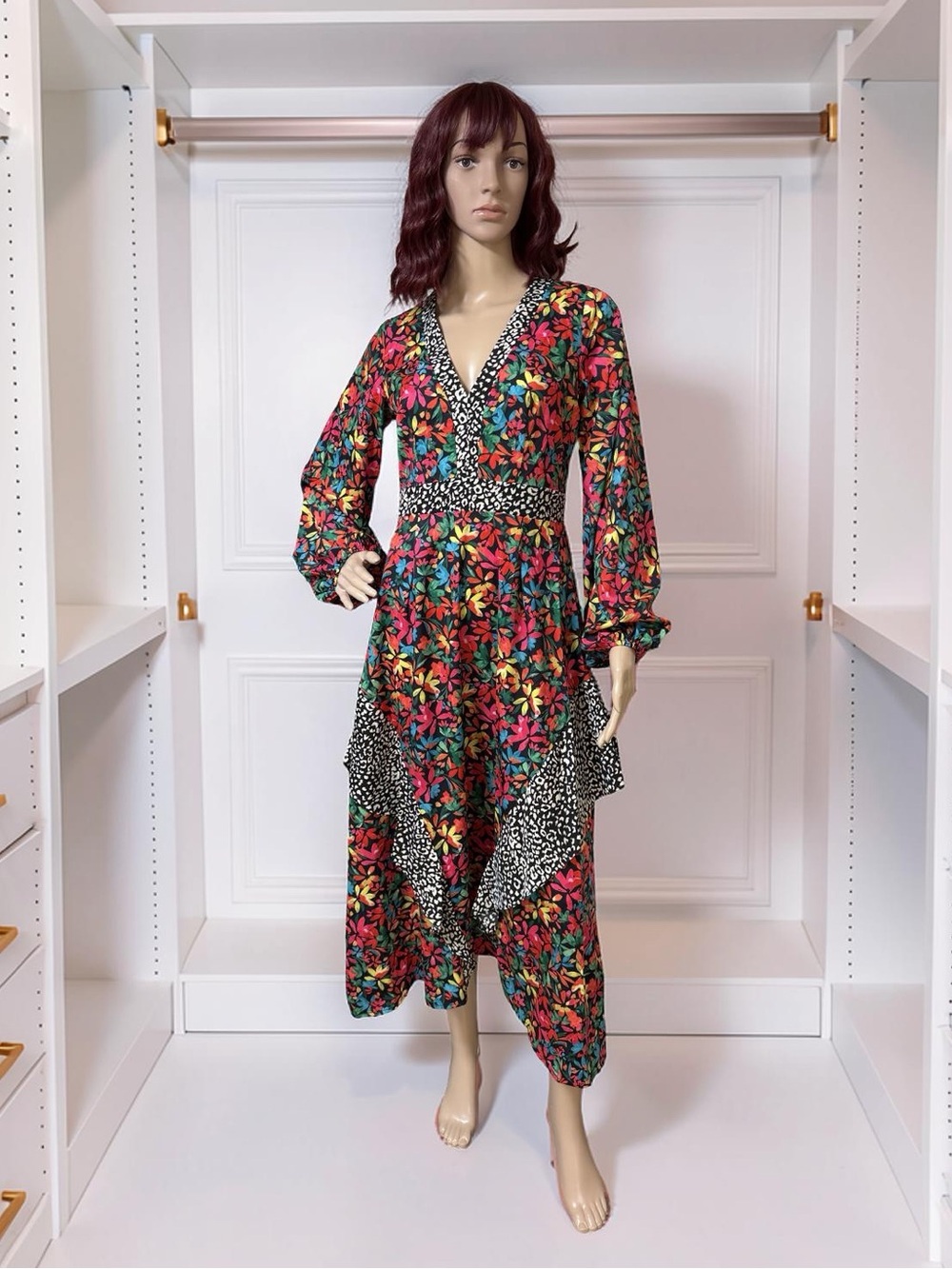Never Fully Dressed Sz 2 Colorful Floral V-Neck Long Sleeve Midi Dress (0791)